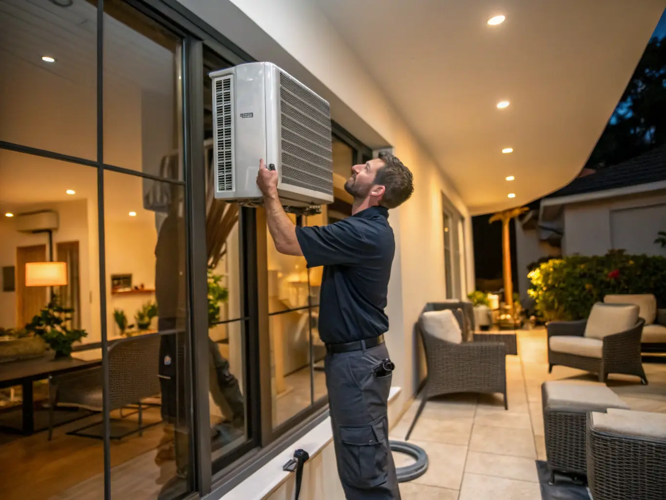 A technician installing a new, energy-efficient heating system in a modern home, highlighting HeatFlow Solutions' expertise in heating solutions.