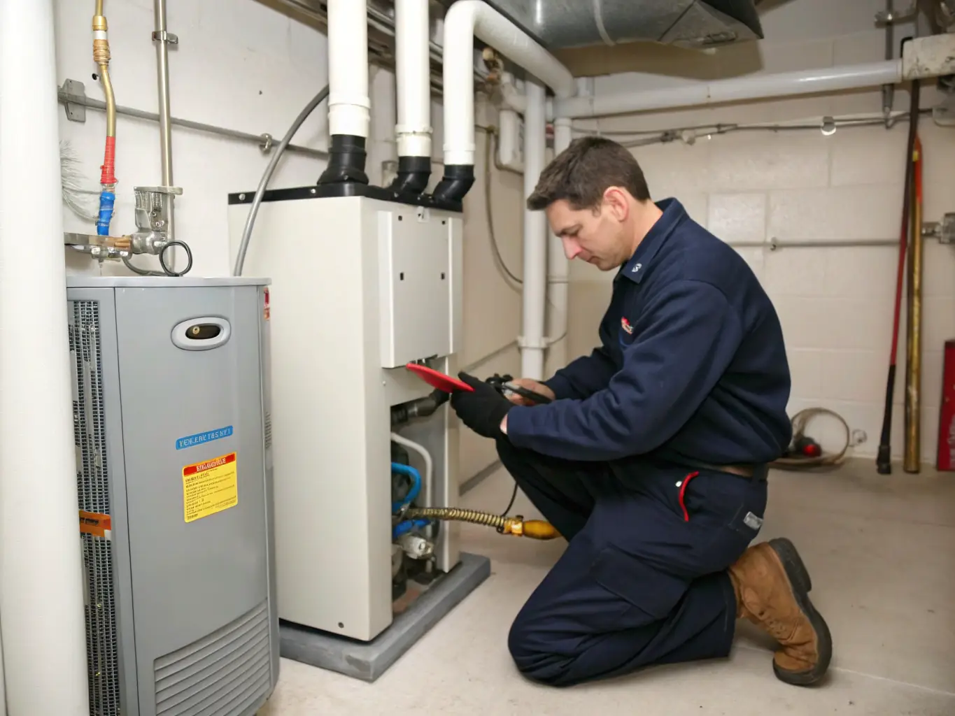 A technician performing routine maintenance on a heating system, emphasizing the importance of preventative care for system longevity.