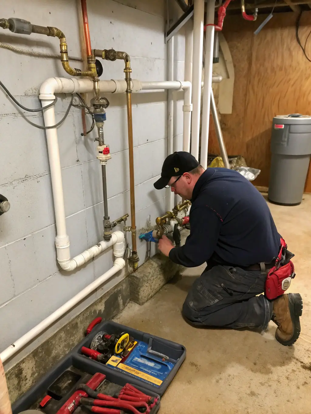 A clean and organized image of a HeatFlow Solutions technician performing routine maintenance on a home's plumbing system, emphasizing the importance of preventative care.
