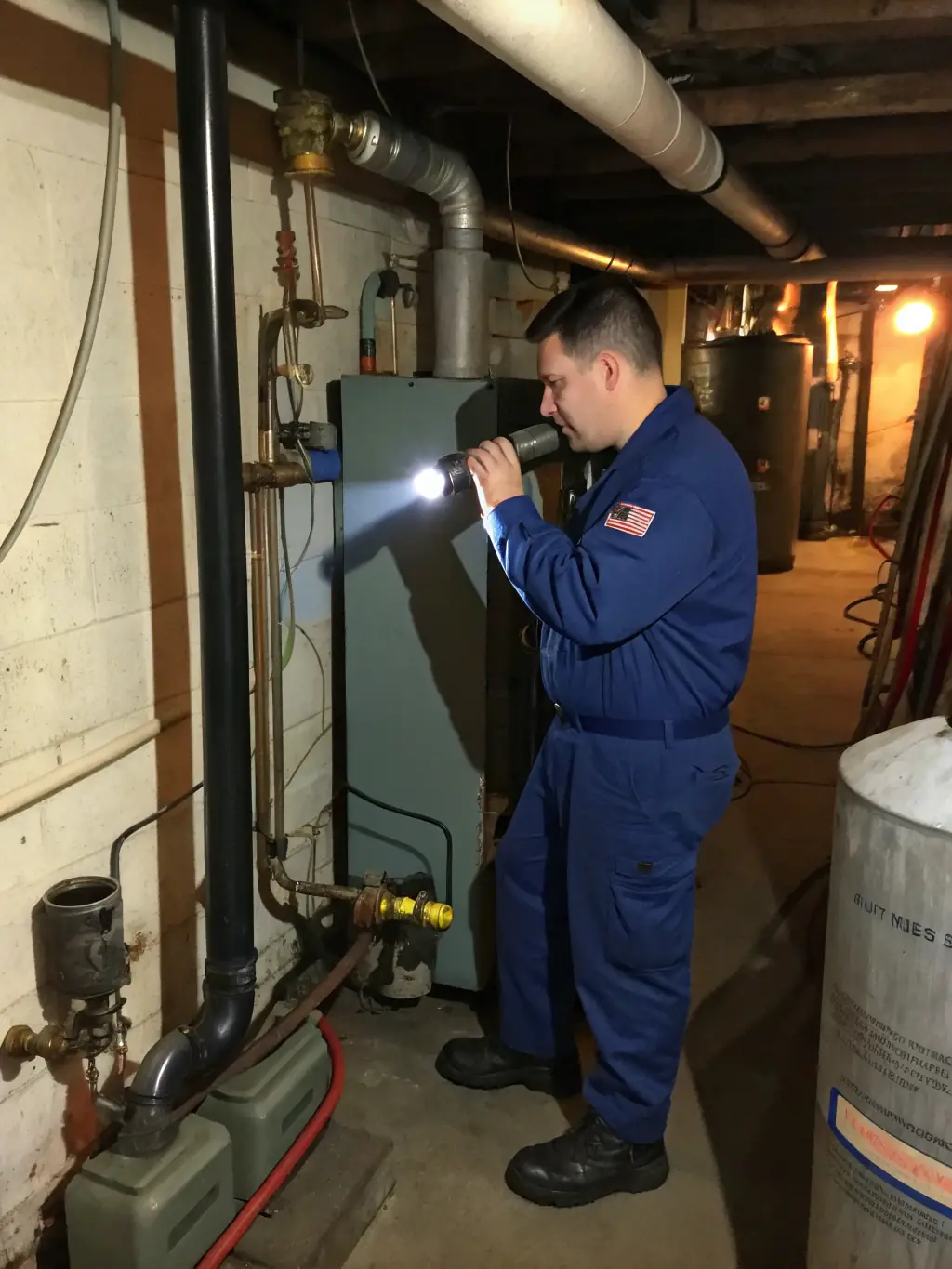 A close-up shot of a HeatFlow Solutions technician using advanced diagnostic tools to inspect a complex heating system, highlighting their technical expertise.