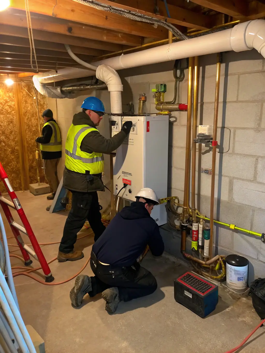 A professional image of HeatFlow Solutions technicians installing a new, energy-efficient heating system in a modern home, showcasing their expertise and attention to detail.