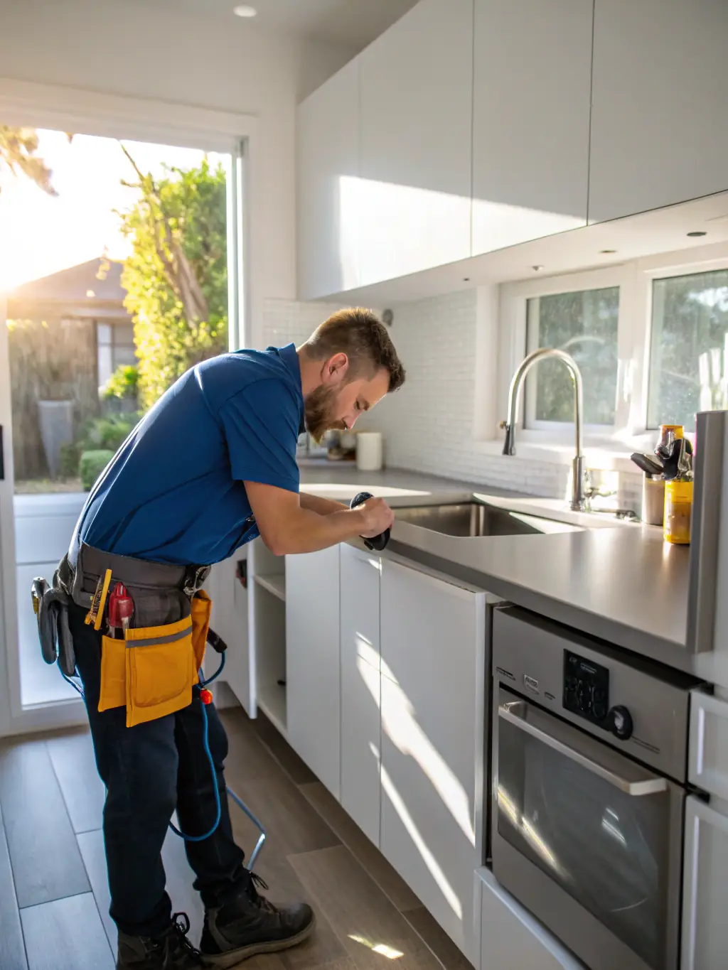 A high-quality photograph of a HeatFlow Solutions technician repairing a burst pipe in a residential home, water spraying everywhere, emphasizing the urgency of the situation.